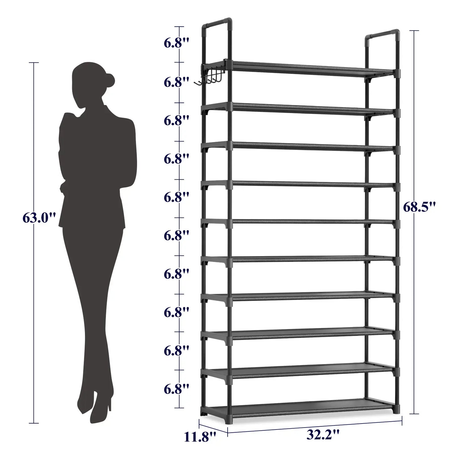 10-Tier Shoe Rack with Cover, Vertical Shelf