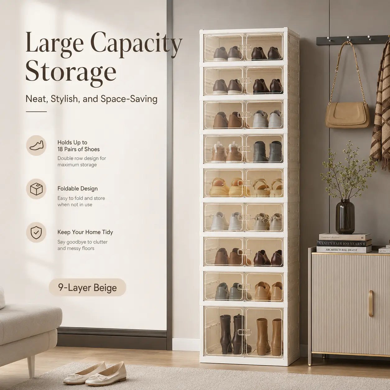 9-Tier Folding Shoe Storage Cabinet with Magnetic Transparent Doors, 18-Pair Capacity