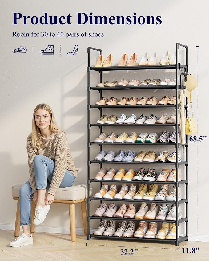10-Tier Shoe Rack with Cover, Vertical Shelf