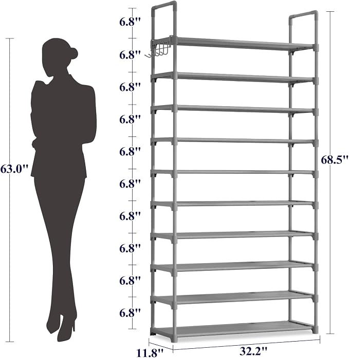 10-Tier Shoe Rack with Cover, Vertical Shelf