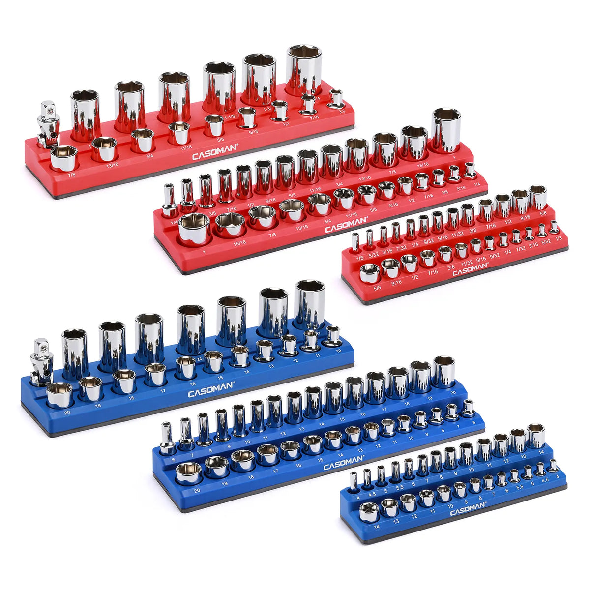 Magnetic Socket Organizer, 6 Piece Socket Holder Kit, 1/2-inch, 3/8-inch, 1/4-inch Drive, Holds 143 SAE&Metric Sockets, Red & Blue, Professional Quality Tools Organizer Hardware Heavy Duty #TikTokShopBacktoSchool