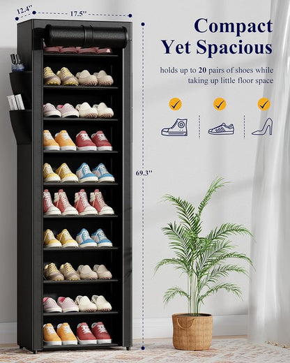 10-Tier Shoe Rack with Cover, Vertical Shelf