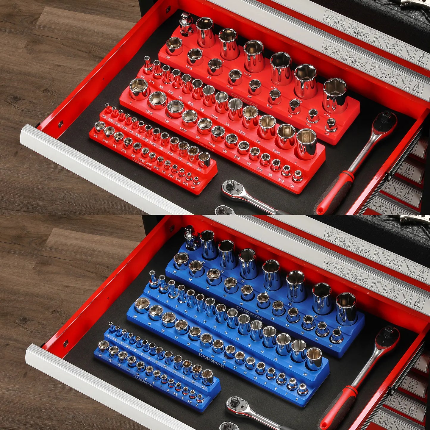 Magnetic Socket Organizer, 6 Piece Socket Holder Kit, 1/2-inch, 3/8-inch, 1/4-inch Drive, Holds 143 SAE&Metric Sockets, Red & Blue, Professional Quality Tools Organizer Hardware Heavy Duty #TikTokShopBacktoSchool
