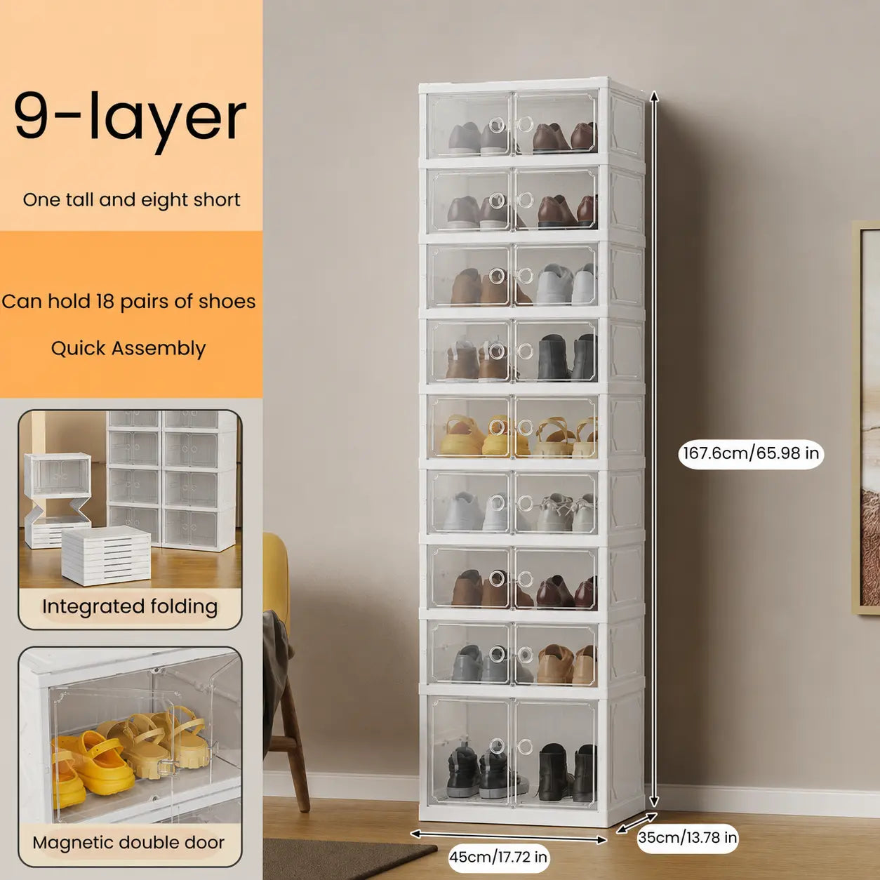 9-Tier Folding Shoe Storage Cabinet with Magnetic Transparent Doors, 18-Pair Capacity
