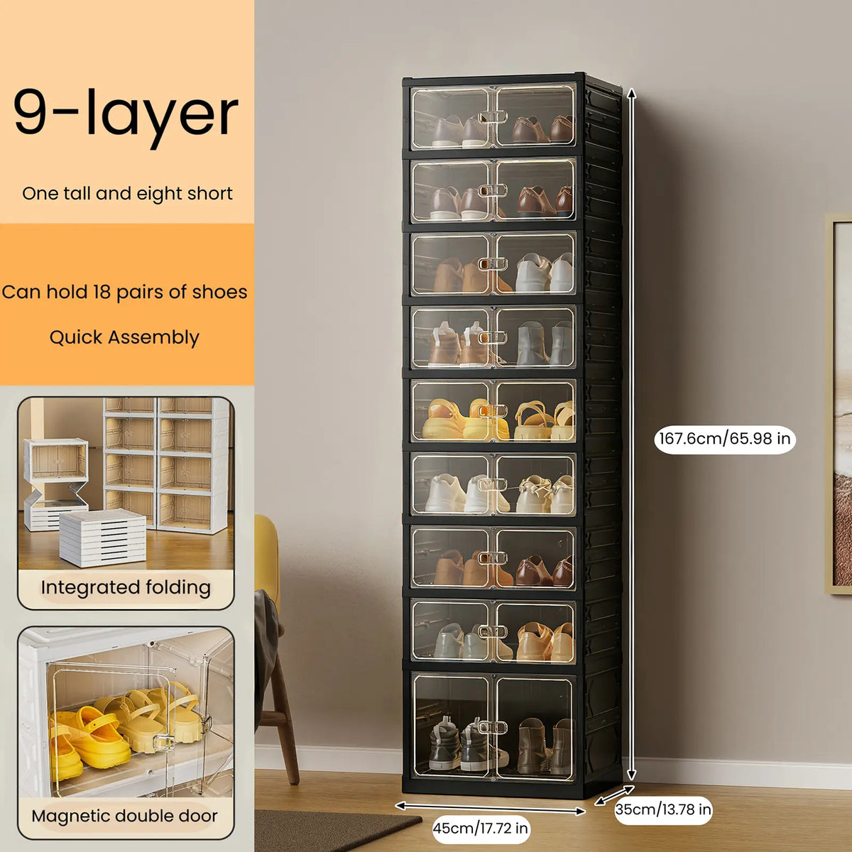 9-Tier Folding Shoe Storage Cabinet with Magnetic Transparent Doors, 18-Pair Capacity