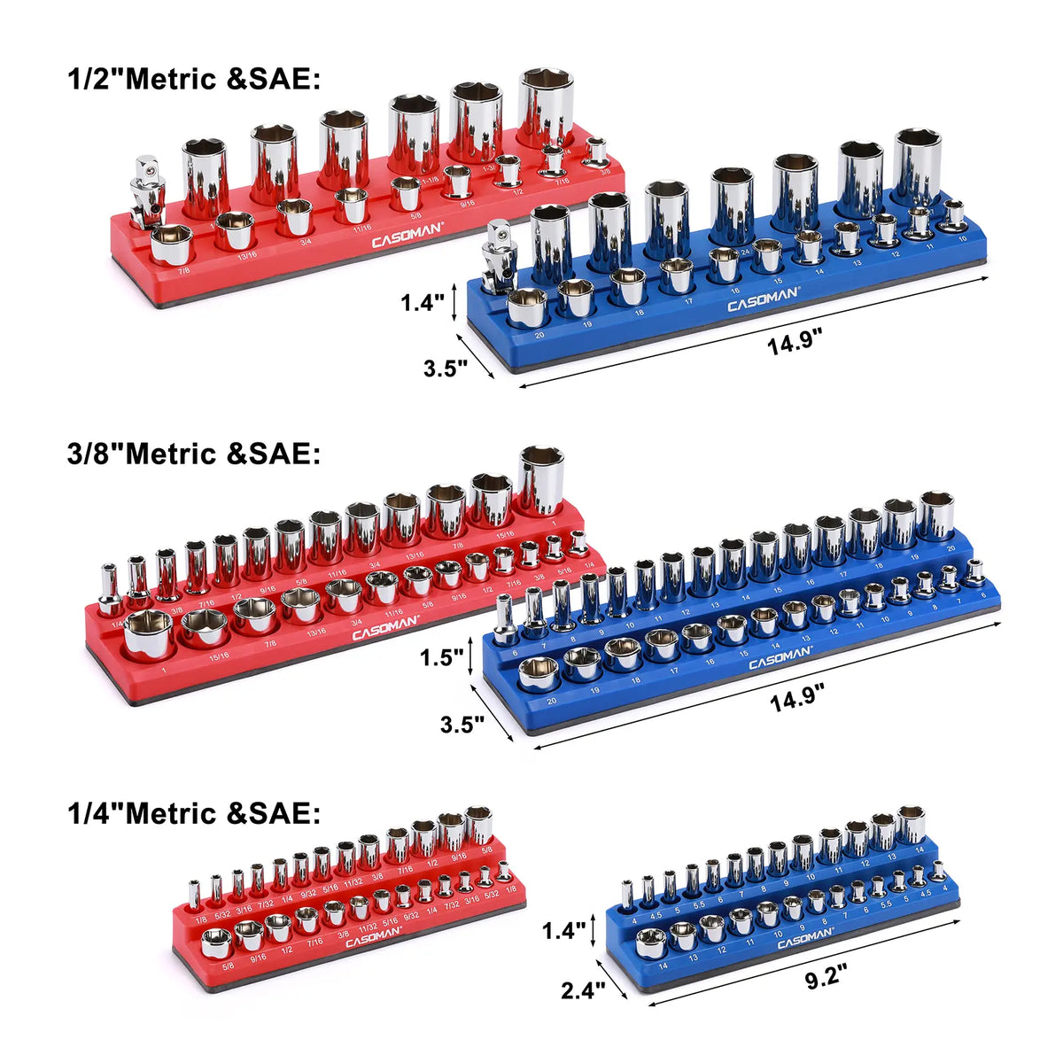 Magnetic Socket Organizer, 6 Piece Socket Holder Kit, 1/2-inch, 3/8-inch, 1/4-inch Drive, Holds 143 SAE&Metric Sockets, Red & Blue, Professional Quality Tools Organizer Hardware Heavy Duty #TikTokShopBacktoSchool